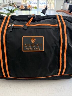 Gucci Black Canvas Duffel with Orange Trim and Striped Handles